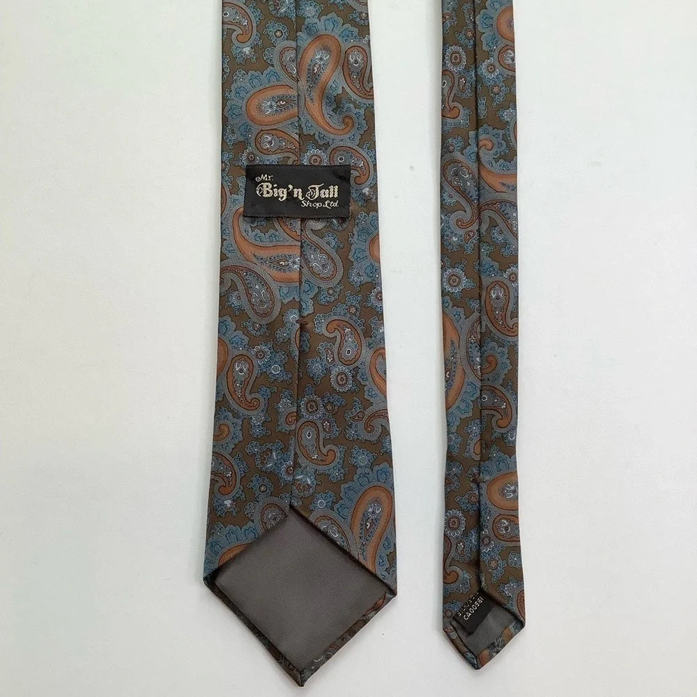 Mr Big 'n Tall Long Woven Silk Tie Brown Orange Slate Blue Paisley 63" - Picture 6 of 11